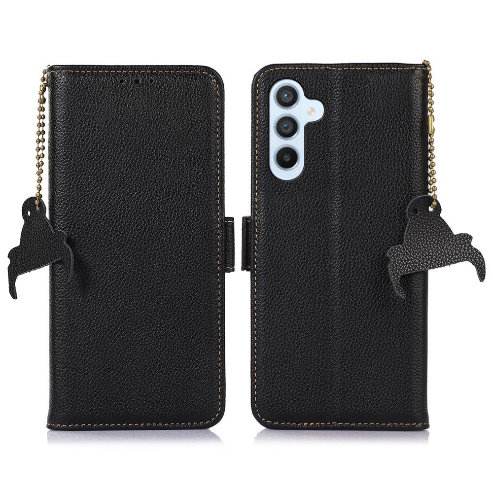 For Samsung Galaxy F34 5G / M34 5G RFID Blocking Phone Wallet Case Genuine Cow Leather Litchi Texture Stand Cover - Black