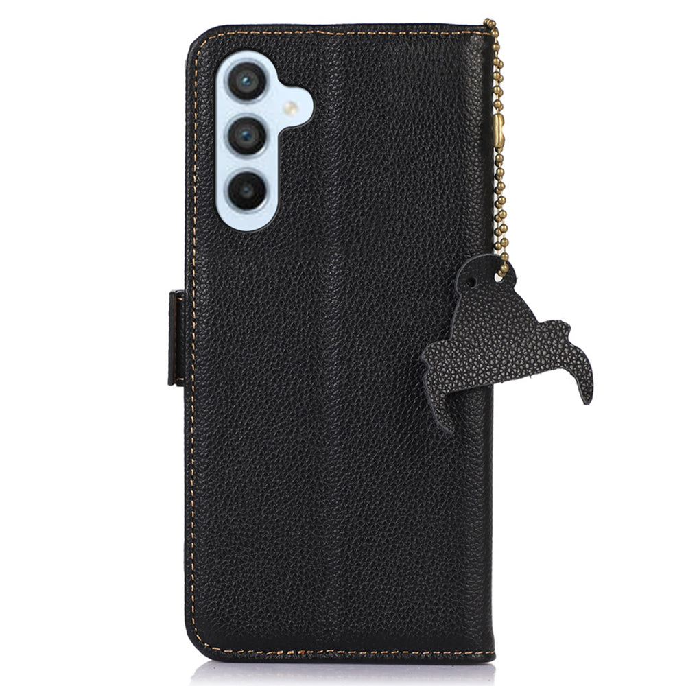 For Samsung Galaxy F34 5G / M34 5G RFID Blocking Phone Wallet Case Genuine Cow Leather Litchi Texture Stand Cover - Black