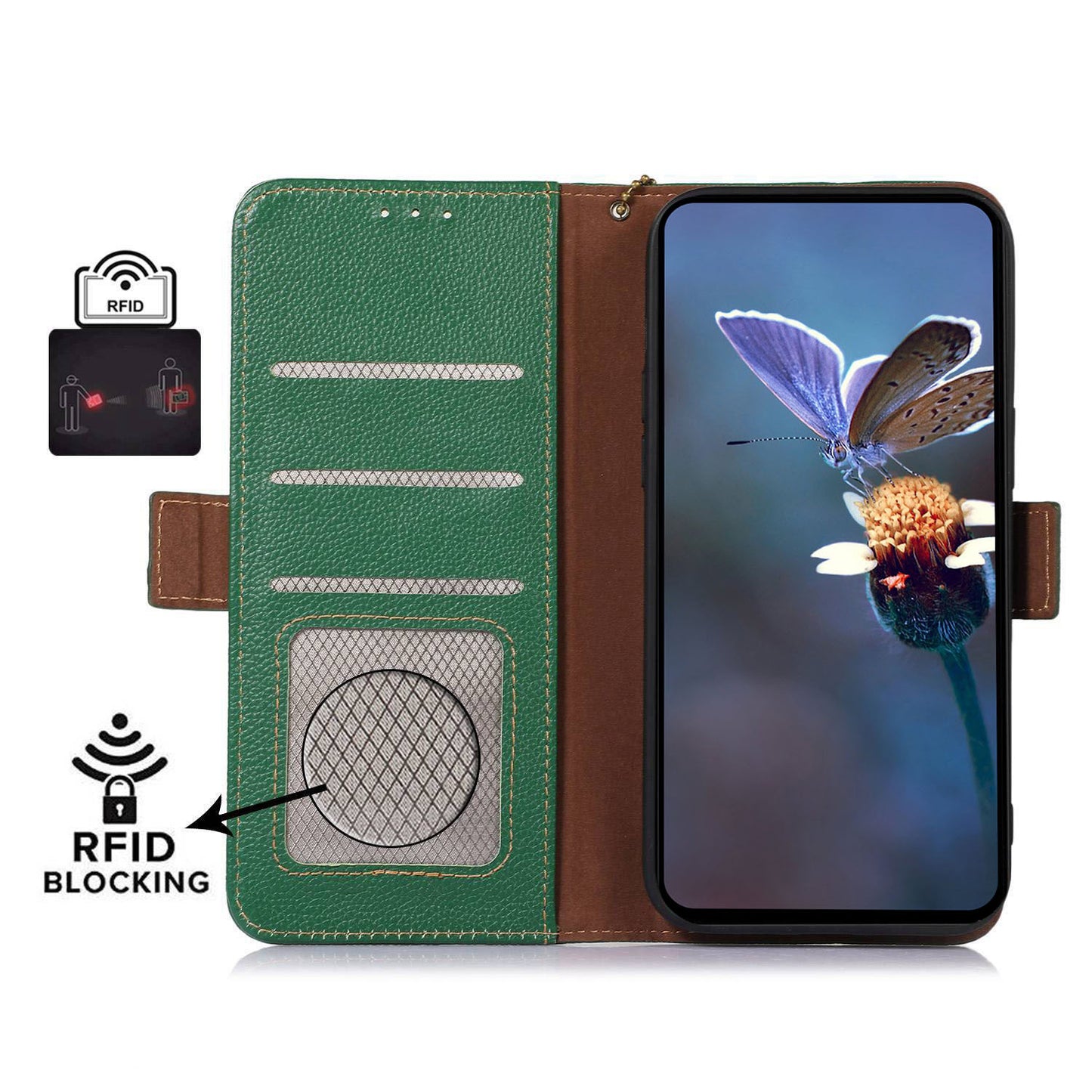 For Samsung Galaxy F34 5G / M34 5G RFID Blocking Phone Wallet Case Genuine Cow Leather Litchi Texture Stand Cover - Green