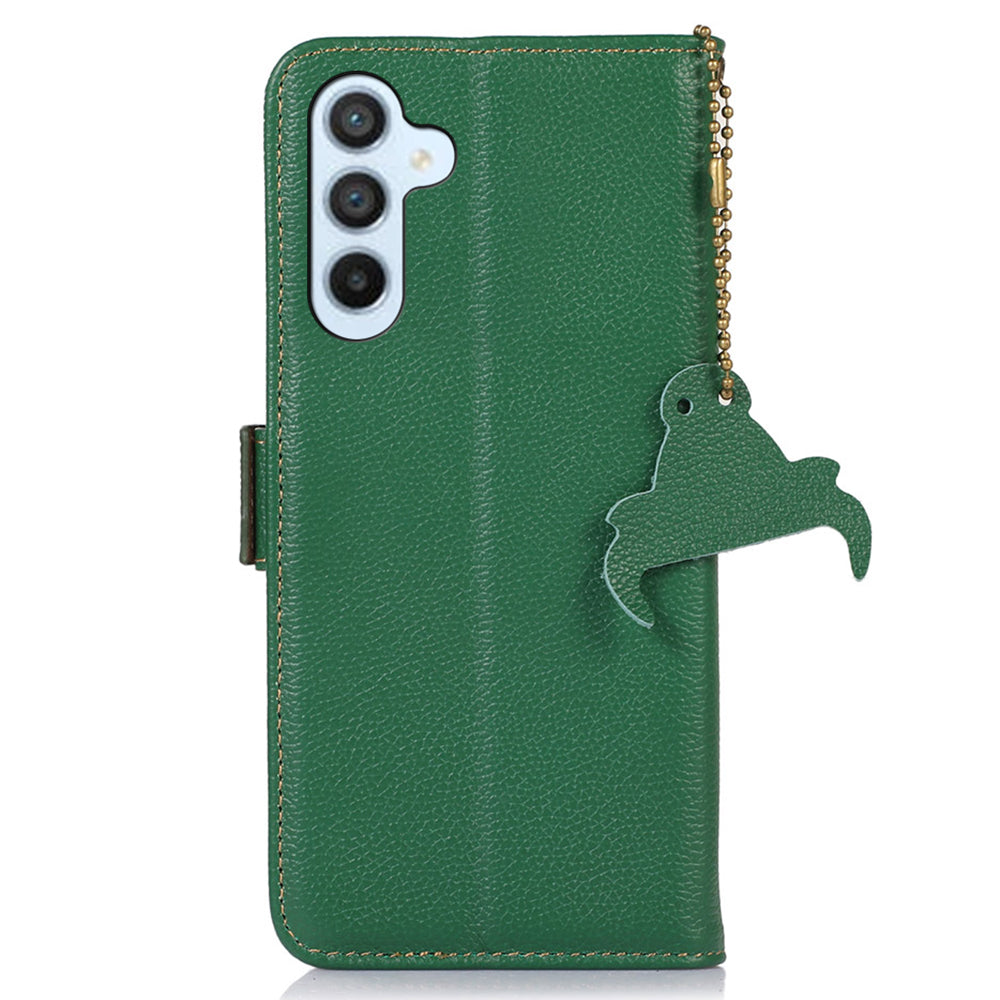 For Samsung Galaxy F34 5G / M34 5G RFID Blocking Phone Wallet Case Genuine Cow Leather Litchi Texture Stand Cover - Green