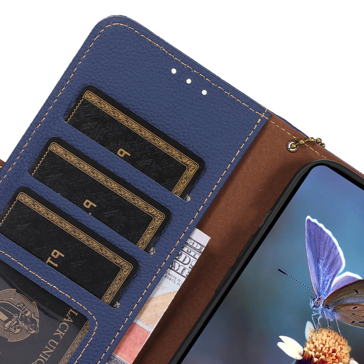 For Samsung Galaxy F34 5G / M34 5G RFID Blocking Phone Wallet Case Genuine Cow Leather Litchi Texture Stand Cover - Sapphire