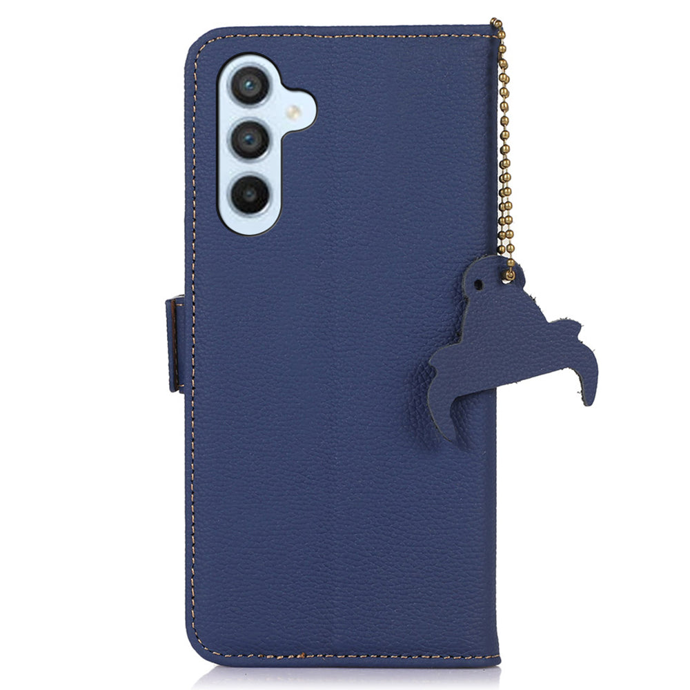 For Samsung Galaxy F34 5G / M34 5G RFID Blocking Phone Wallet Case Genuine Cow Leather Litchi Texture Stand Cover - Sapphire