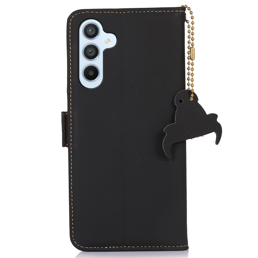 For Samsung Galaxy F34 5G / M34 5G RFID Blocking Genuine Cow Leather Phone Case Wallet Silky Feeling Stand Cover - Black