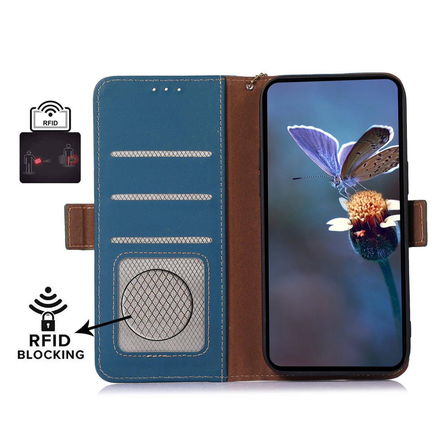 For Samsung Galaxy F34 5G / M34 5G RFID Blocking Genuine Cow Leather Phone Case Wallet Silky Feeling Stand Cover - Blue