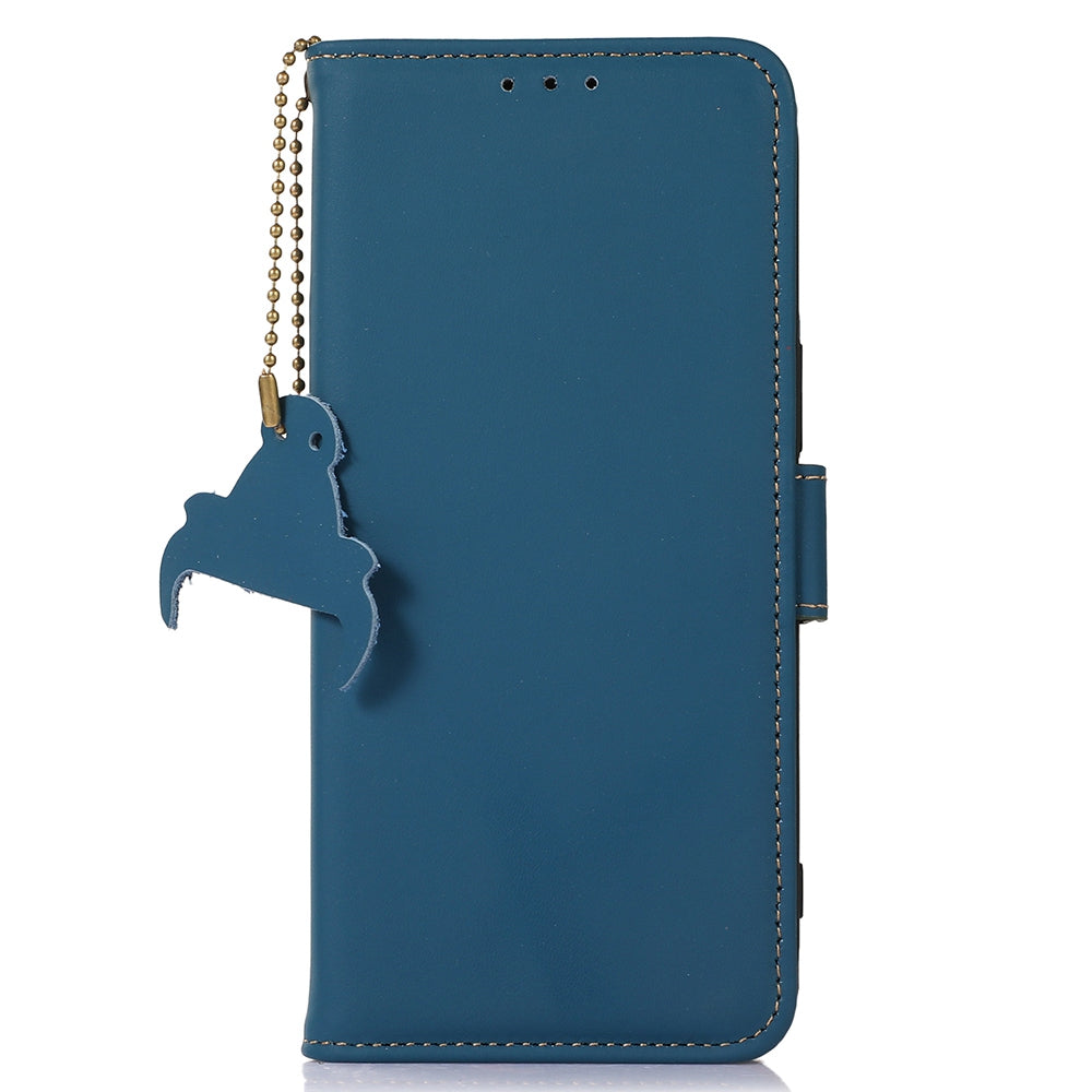 For Samsung Galaxy F34 5G / M34 5G RFID Blocking Genuine Cow Leather Phone Case Wallet Silky Feeling Stand Cover - Blue