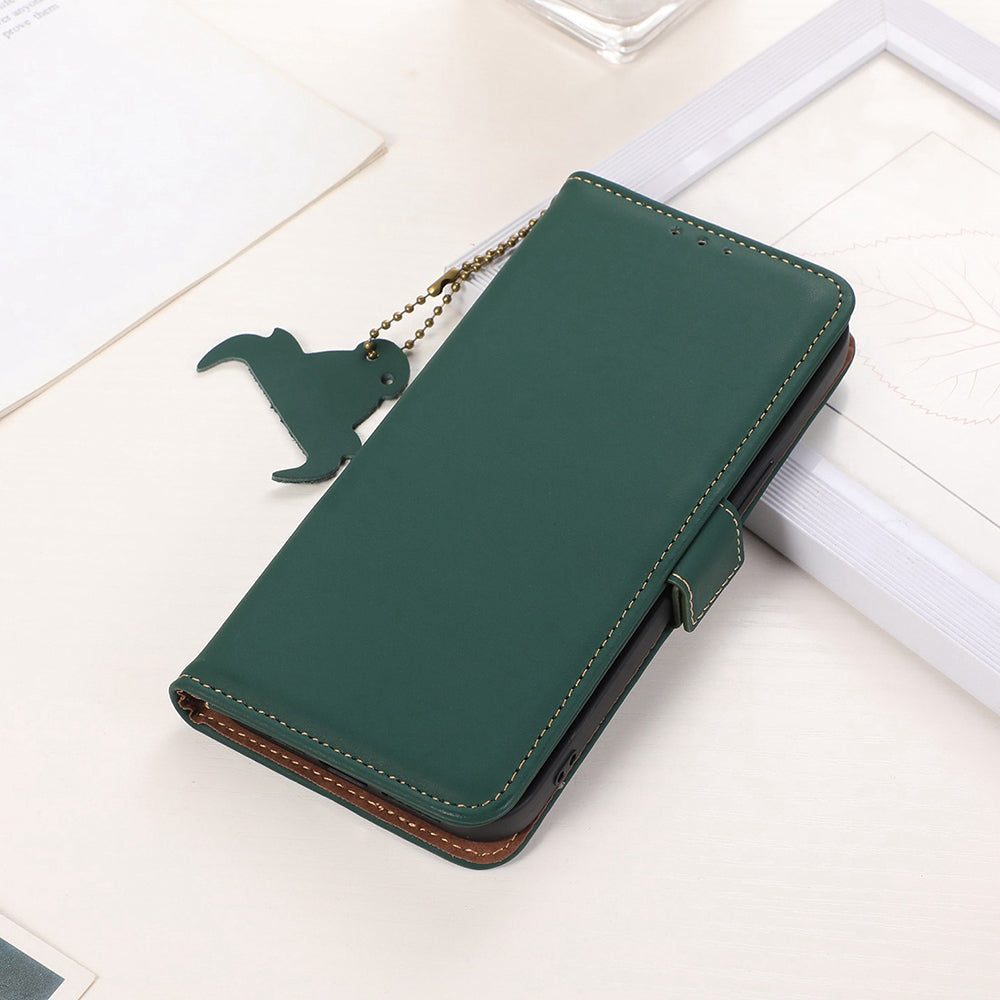 For Samsung Galaxy F34 5G / M34 5G RFID Blocking Genuine Cow Leather Phone Case Wallet Silky Feeling Stand Cover - Green