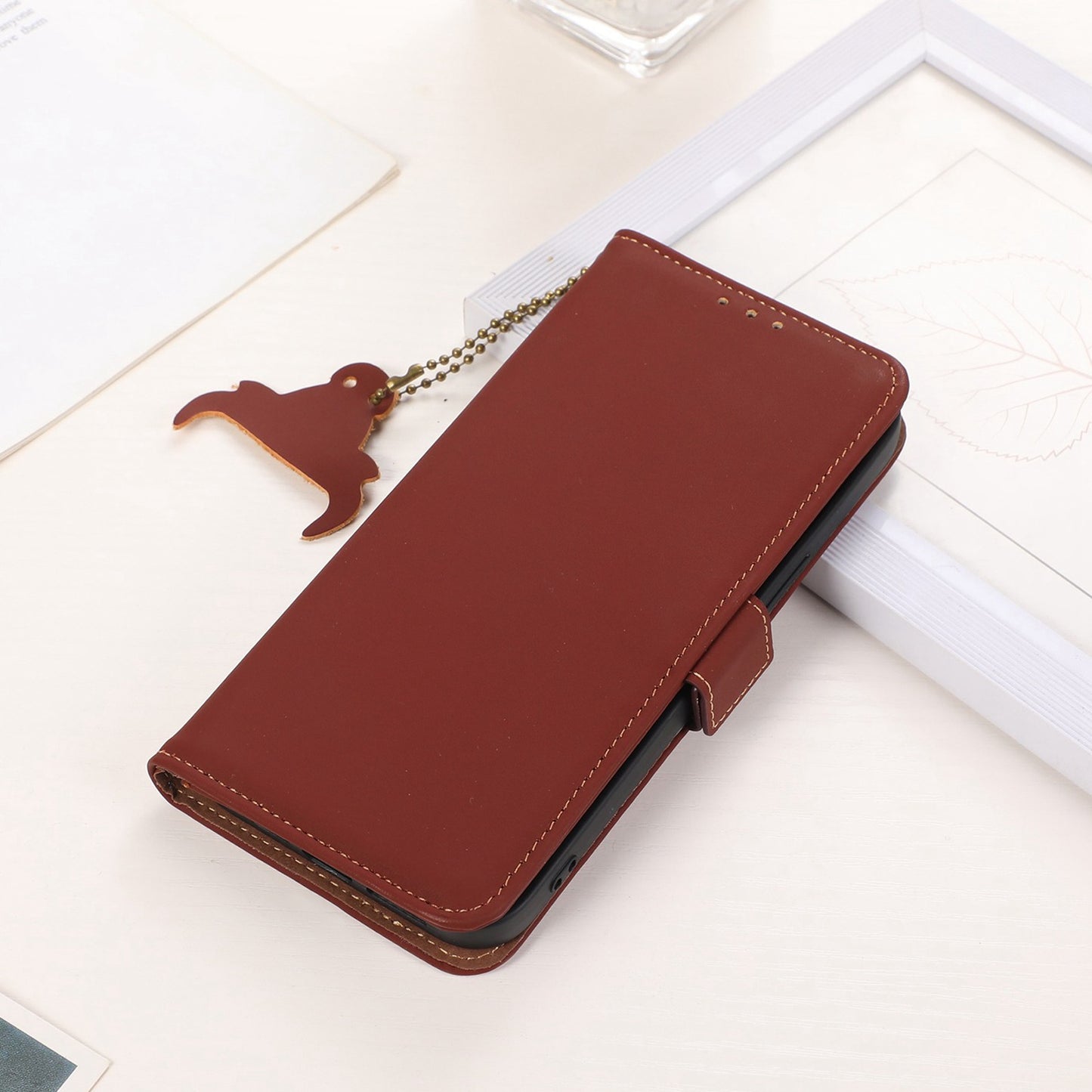 For Samsung Galaxy F34 5G / M34 5G RFID Blocking Genuine Cow Leather Phone Case Wallet Silky Feeling Stand Cover - Coffee