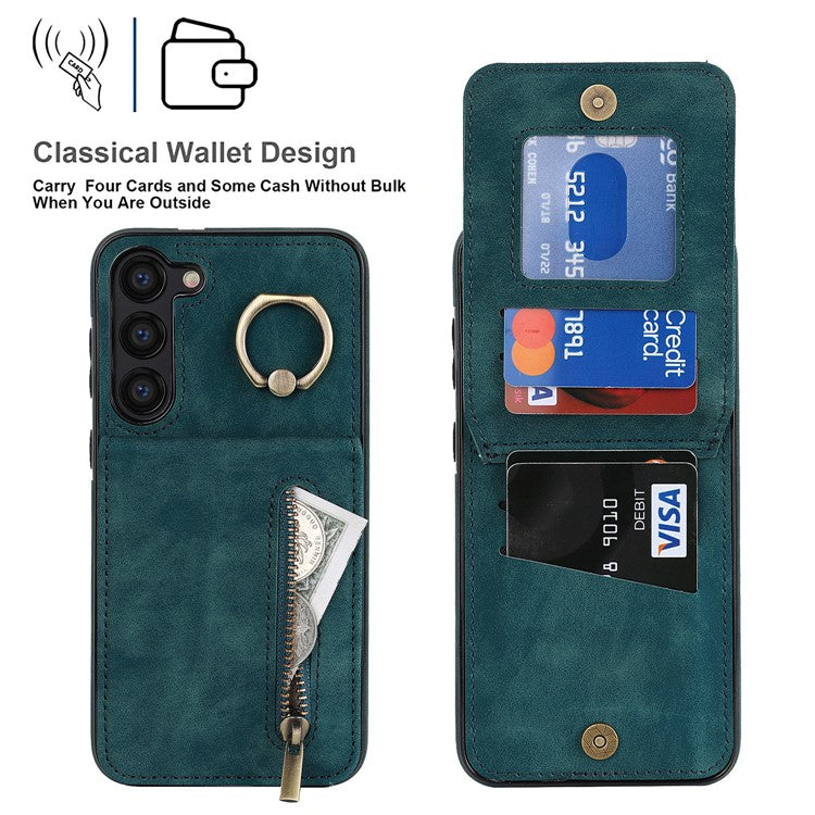 RFID Blocking Kickstand Phone Case for Samsung Galaxy S23+ Retro PU+TPU Zippered Wallet Phone Cover - Blue
