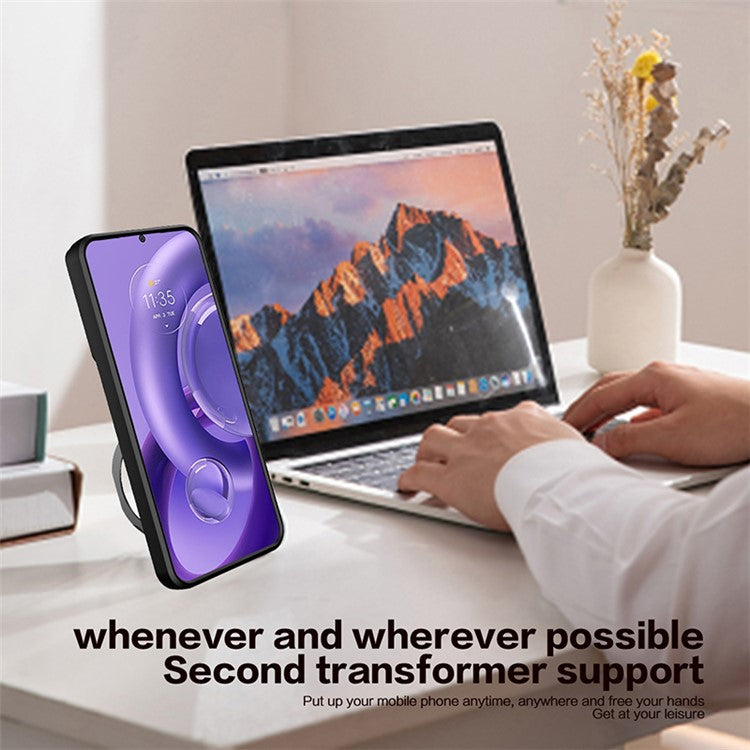 For Motorola Edge 30 Neo 5G Rotate Kickstand Cover Slide Lens Guard PC+TPU Shockproof Phone Case - Purple