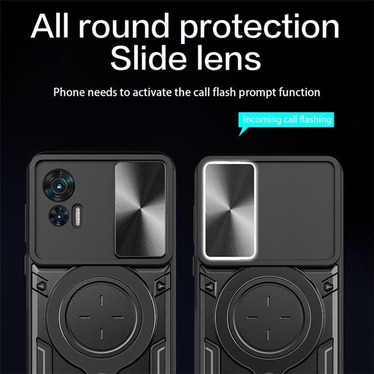 For Motorola Edge 30 Neo 5G Rotate Kickstand Cover Slide Lens Guard PC+TPU Shockproof Phone Case - Purple