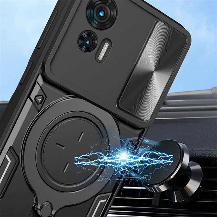 For Motorola Edge 30 Neo 5G Rotate Kickstand Cover Slide Lens Guard PC+TPU Shockproof Phone Case - Blue