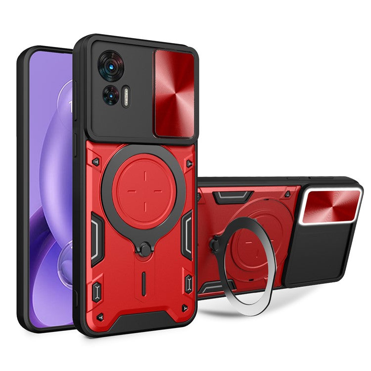 For Motorola Edge 30 Neo 5G Rotate Kickstand Cover Slide Lens Guard PC+TPU Shockproof Phone Case - Red