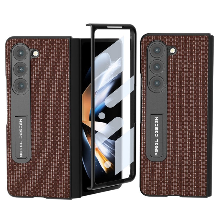 ABEEL For Samsung Galaxy Z Fold5 5G Cowhide Leather+PC Protective Shell Kickstand Phone Case with Tempered Glass Film - Coffee