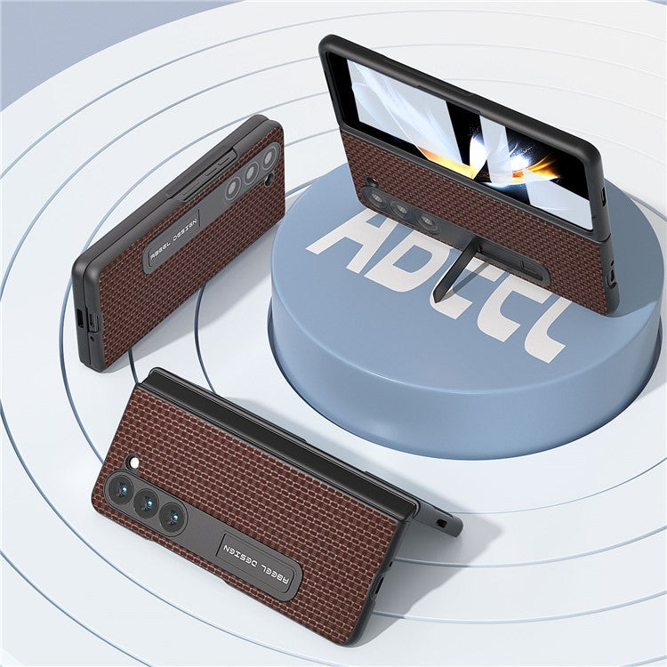 ABEEL For Samsung Galaxy Z Fold5 5G Cowhide Leather+PC Protective Shell Kickstand Phone Case with Tempered Glass Film - Coffee