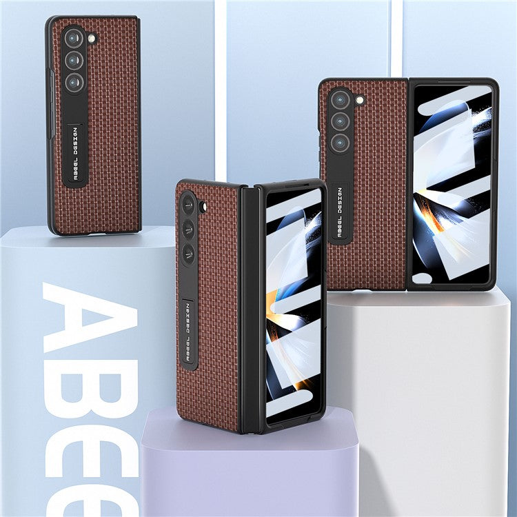 ABEEL For Samsung Galaxy Z Fold5 5G Cowhide Leather+PC Protective Shell Kickstand Phone Case with Tempered Glass Film - Coffee