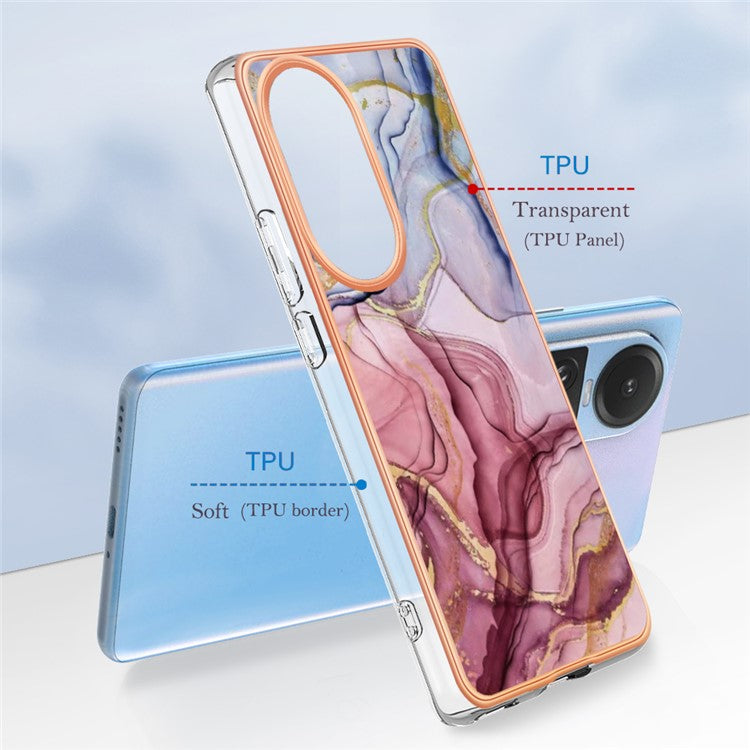 YB IMD Series-16 Style E TPU Case for Oppo Reno10 5G (Global) Electroplating 2.0mm Marble Pattern IMD Phone Cover - Rose Gold