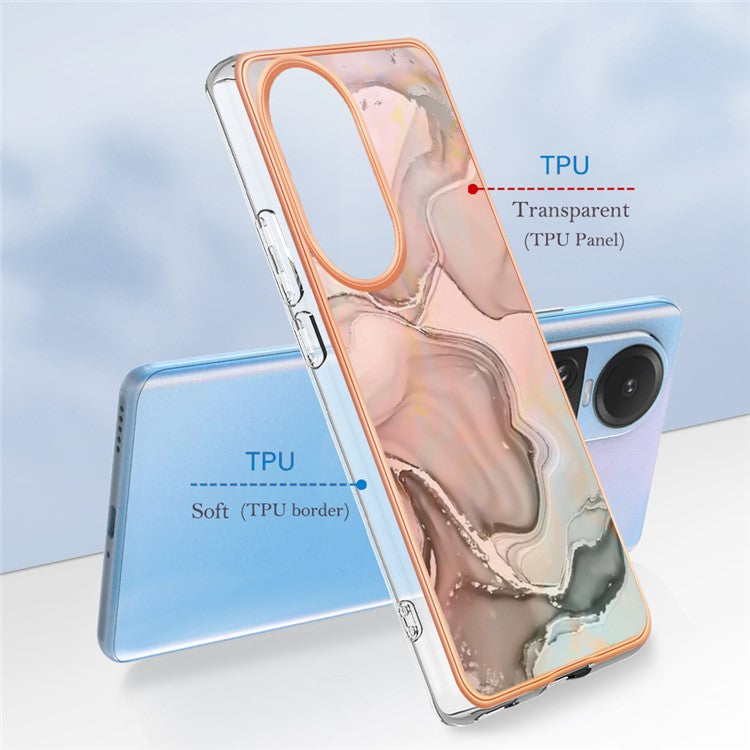 YB IMD Series-16 Style E TPU Case for Oppo Reno10 5G (Global) Electroplating 2.0mm Marble Pattern IMD Phone Cover - Pink