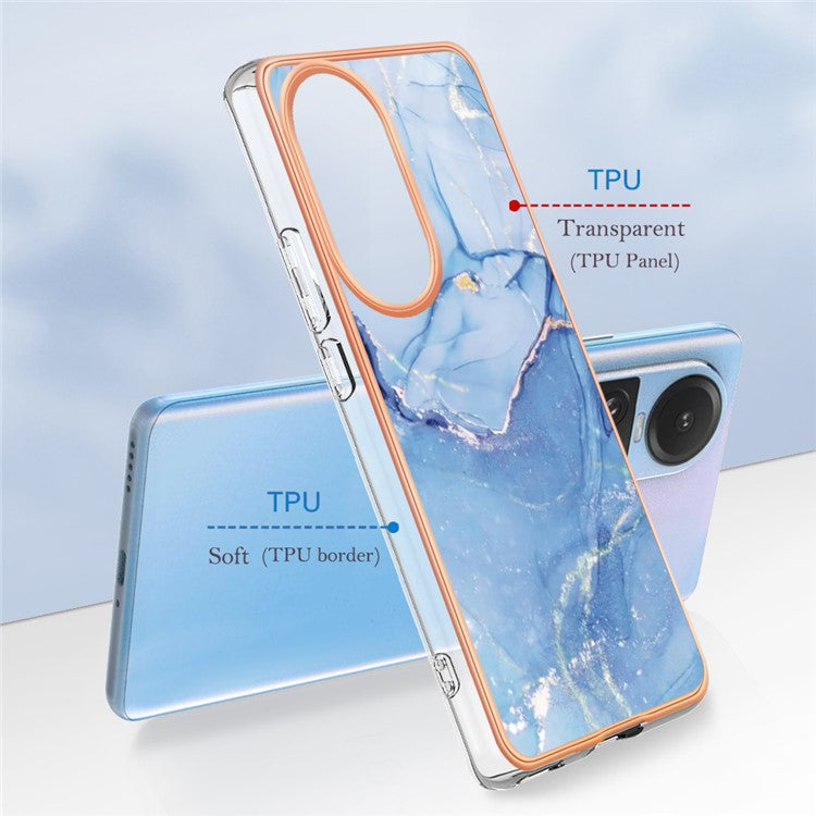 YB IMD Series-16 Style E TPU Case for Oppo Reno10 5G (Global) Electroplating 2.0mm Marble Pattern IMD Phone Cover - Blue