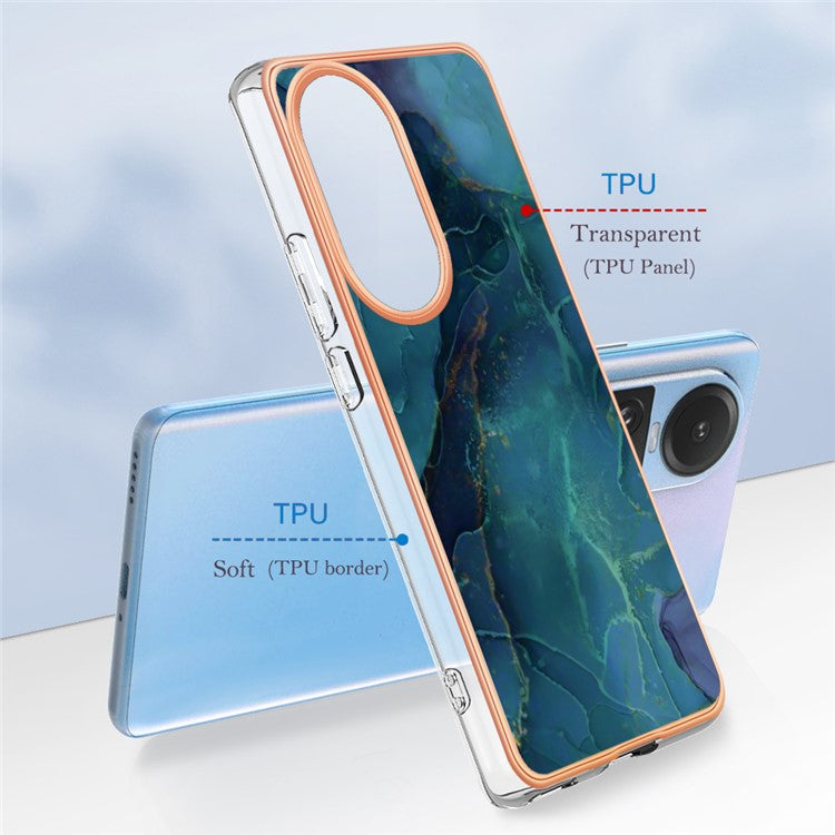 YB IMD Series-16 Style E TPU Case for Oppo Reno10 5G (Global) Electroplating 2.0mm Marble Pattern IMD Phone Cover - Green