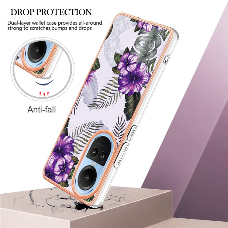 YB IMD Series-1 Electroplating Phone Case for Oppo Reno10 5G (Global) Marble Floral Pattern Soft TPU Cover - Purple Flower