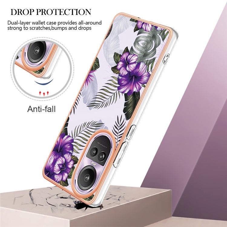 YB IMD Series-1 Electroplating Soft TPU Case for Oppo Reno10 Pro 5G (Global) Marble Floral Pattern IMD Anti-Scratch Phone Cover - Purple Flower