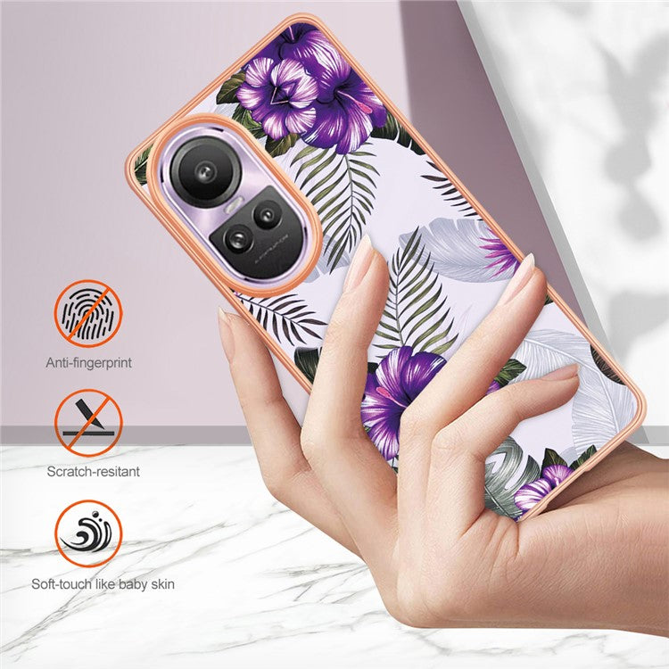 YB IMD Series-1 Electroplating Soft TPU Case for Oppo Reno10 Pro 5G (Global) Marble Floral Pattern IMD Anti-Scratch Phone Cover - Purple Flower
