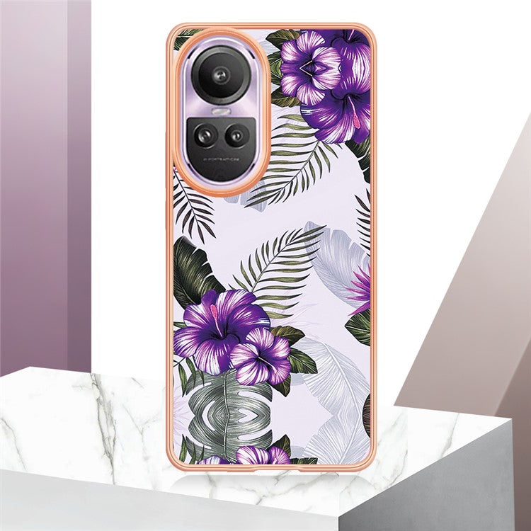 YB IMD Series-1 Electroplating Soft TPU Case for Oppo Reno10 Pro 5G (Global) Marble Floral Pattern IMD Anti-Scratch Phone Cover - Purple Flower