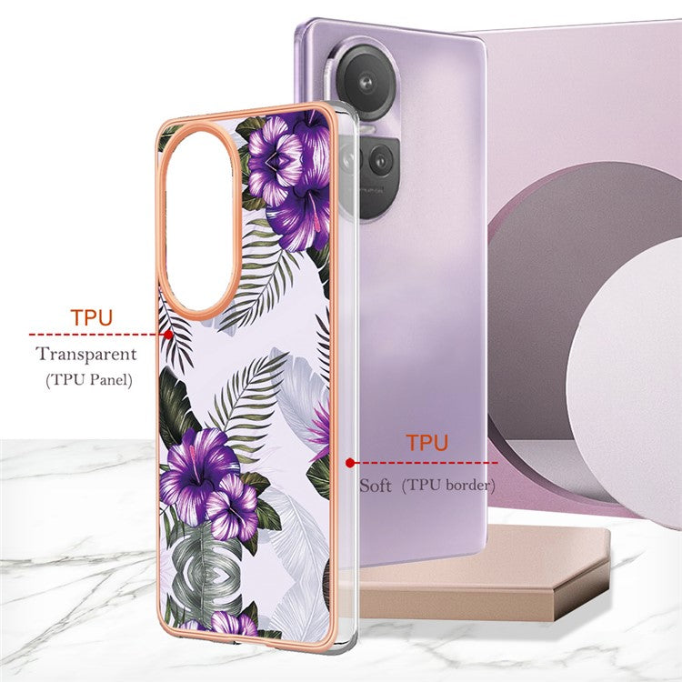YB IMD Series-1 Electroplating Soft TPU Case for Oppo Reno10 Pro 5G (Global) Marble Floral Pattern IMD Anti-Scratch Phone Cover - Purple Flower