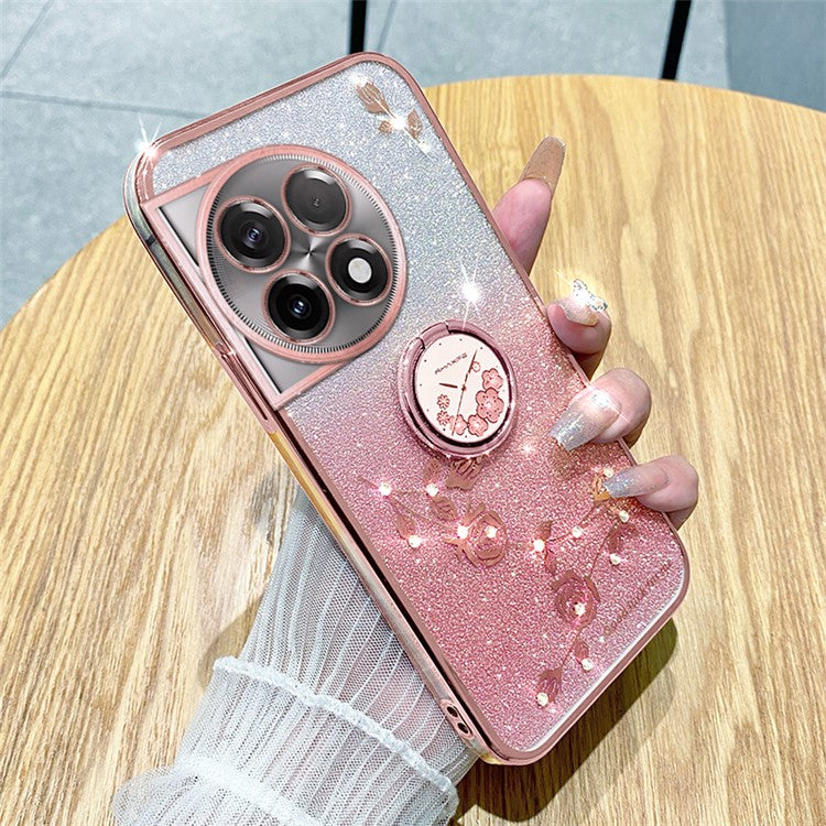 KADEM For OnePlus 11R 5G / Ace 2 5G Flower Pattern Drop-proof TPU Cover Ring Kickstand Glitter Phone Case - Rose Gold