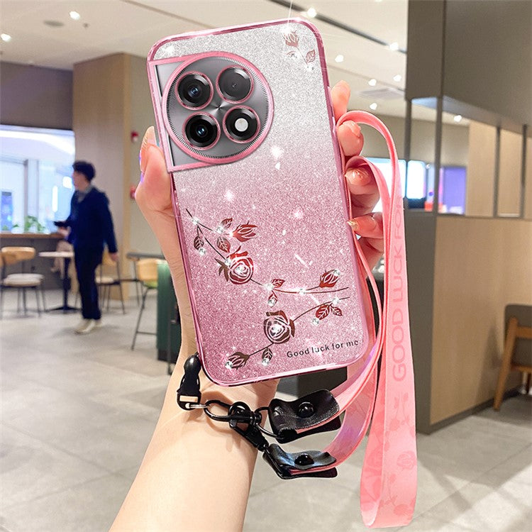 KADEM For OnePlus 11R 5G / Ace 2 5G Strap Design Glitter Rhinestone Decor Flower TPU Back Case Anti-scratch Phone Shell - Rose Gold