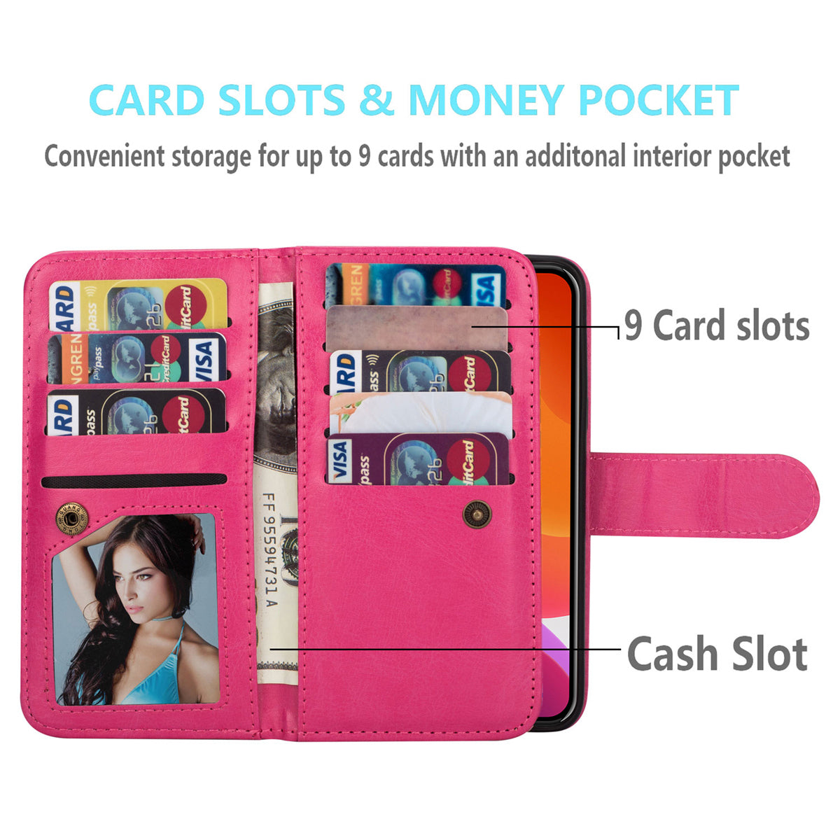 9 Card Slots Phone Case for iPhone 15 , Wallet Stand PU Leather Detachable Phone Cover - Rose