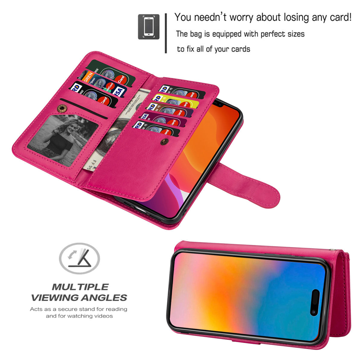 9 Card Slots Phone Case for iPhone 15 , Wallet Stand PU Leather Detachable Phone Cover - Rose