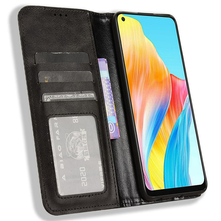 Stand Wallet Phone Case for Oppo A78 4G , Retro PU Leather + TPU Protective Phone Cover - Black