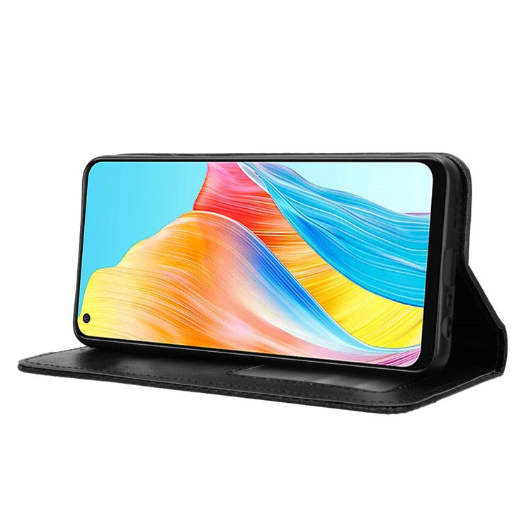 Stand Wallet Phone Case for Oppo A78 4G , Retro PU Leather + TPU Protective Phone Cover - Black