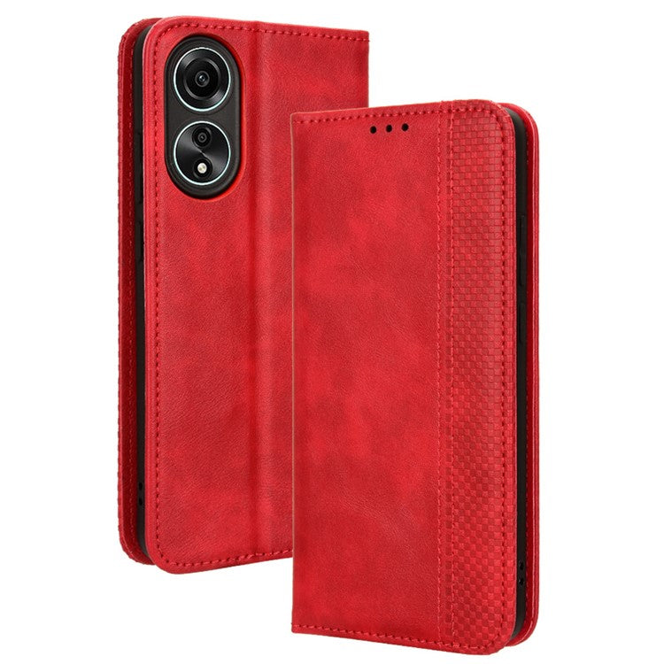 Stand Wallet Phone Case for Oppo A78 4G , Retro PU Leather + TPU Protective Phone Cover - Red