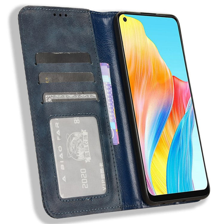 Stand Wallet Phone Case for Oppo A78 4G , Retro PU Leather + TPU Protective Phone Cover - Blue