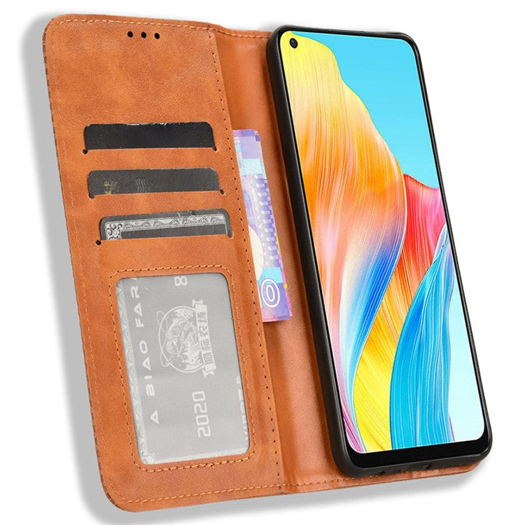 Stand Wallet Phone Case for Oppo A78 4G , Retro PU Leather + TPU Protective Phone Cover - Brown