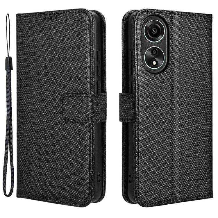 Stand Wallet PU Leather Phone Case for Oppo A78 4G , Diamond Texture Cell Phone Cover - Black