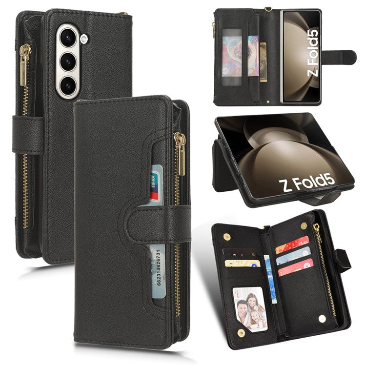 Zipper Pocket Phone Cover for Samsung Galaxy Z Fold5 5G , Wallet PU Leather Viewing Stand Case - Black