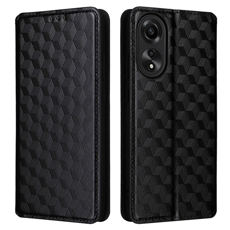Leather Wallet Case for Oppo A78 4G , Rhombus Imprinted Stand Protective Phone Guard Cover - Black