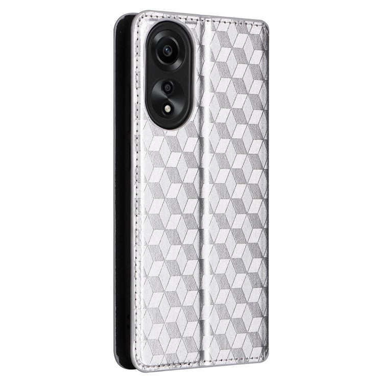 Leather Wallet Case for Oppo A78 4G , Rhombus Imprinted Stand Protective Phone Guard Cover - Silver