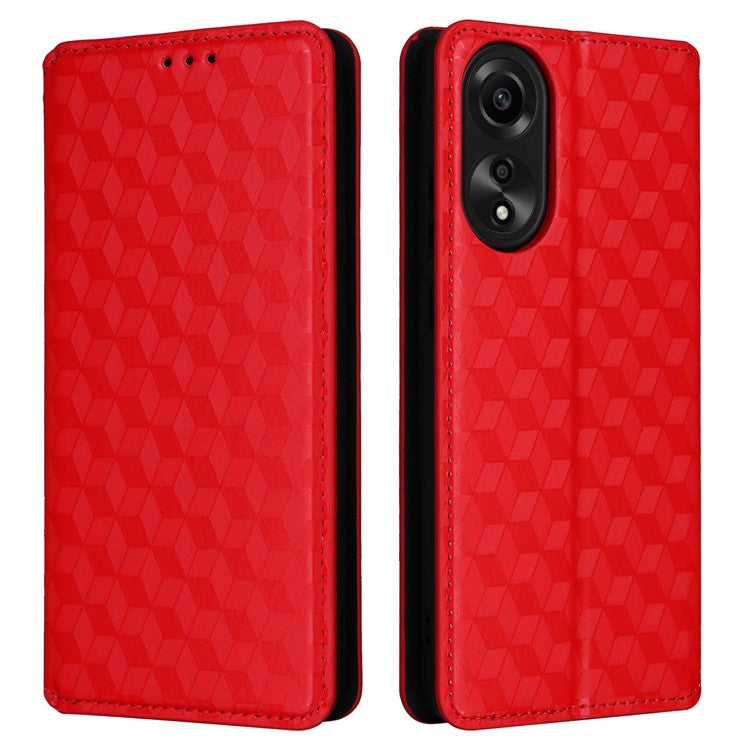 Leather Wallet Case for Oppo A78 4G , Rhombus Imprinted Stand Protective Phone Guard Cover - Red