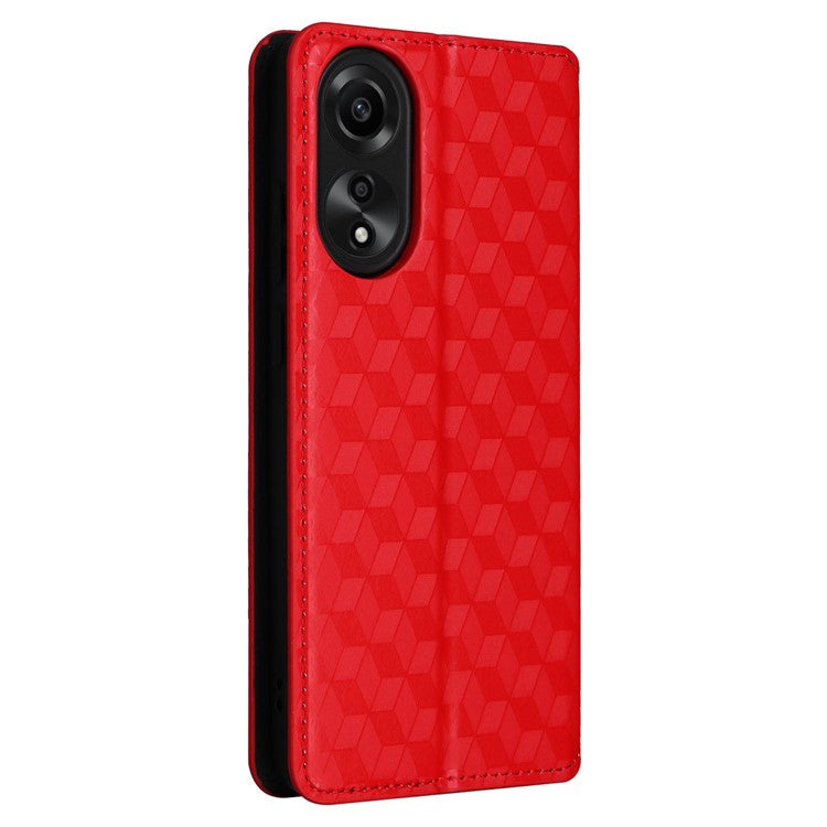 Leather Wallet Case for Oppo A78 4G , Rhombus Imprinted Stand Protective Phone Guard Cover - Red