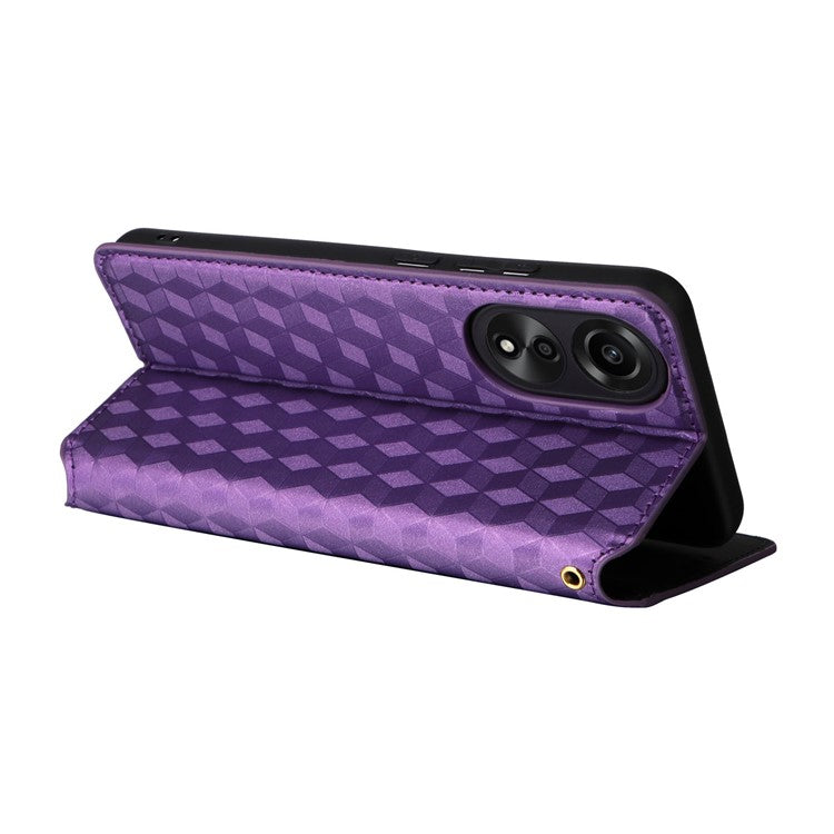 Leather Wallet Case for Oppo A78 4G , Rhombus Imprinted Stand Protective Phone Guard Cover - Purple