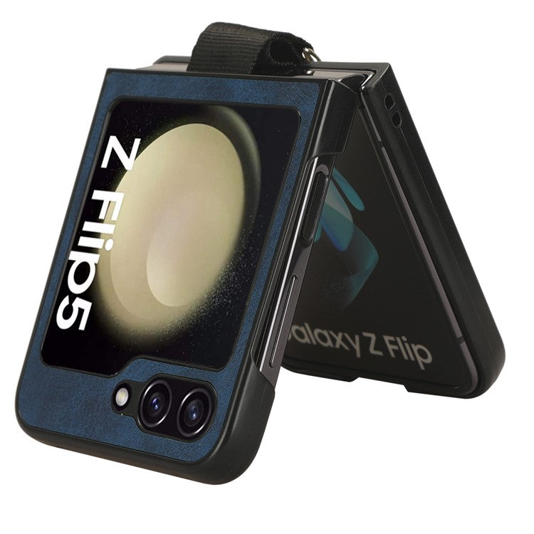 For Samsung Galaxy Z Flip5 5G Protective Phone Case PU Leather Coated PC Cover with Finger Ring Holder - Blue
