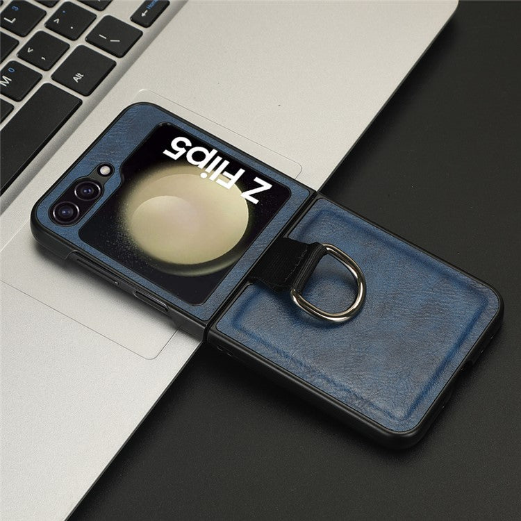 For Samsung Galaxy Z Flip5 5G Protective Phone Case PU Leather Coated PC Cover with Finger Ring Holder - Blue