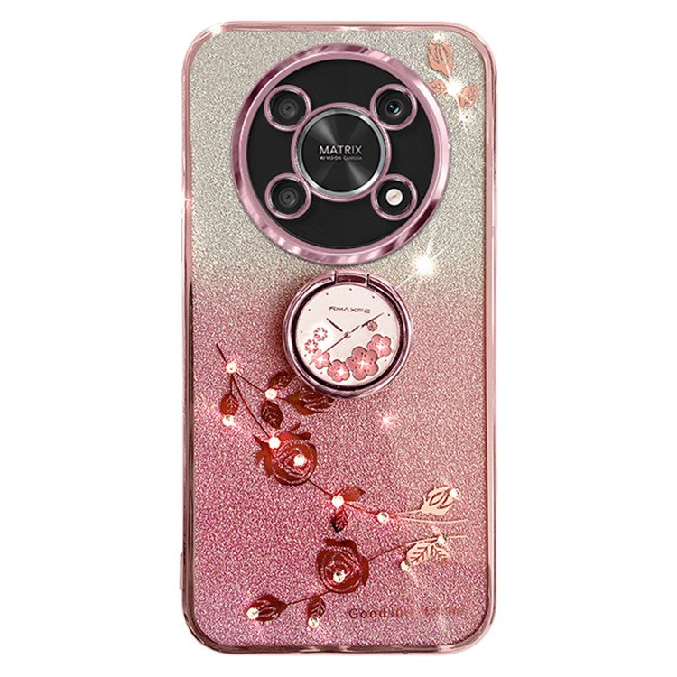 KADEM For Honor X30 5G Flower Decor TPU Cover Ring Kickstand Shell Glitter Anti-scratch Phone Case - Rose Gold