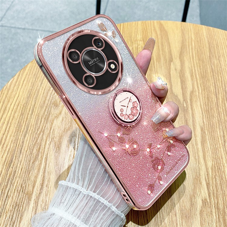 KADEM For Honor X30 5G Flower Decor TPU Cover Ring Kickstand Shell Glitter Anti-scratch Phone Case - Rose Gold