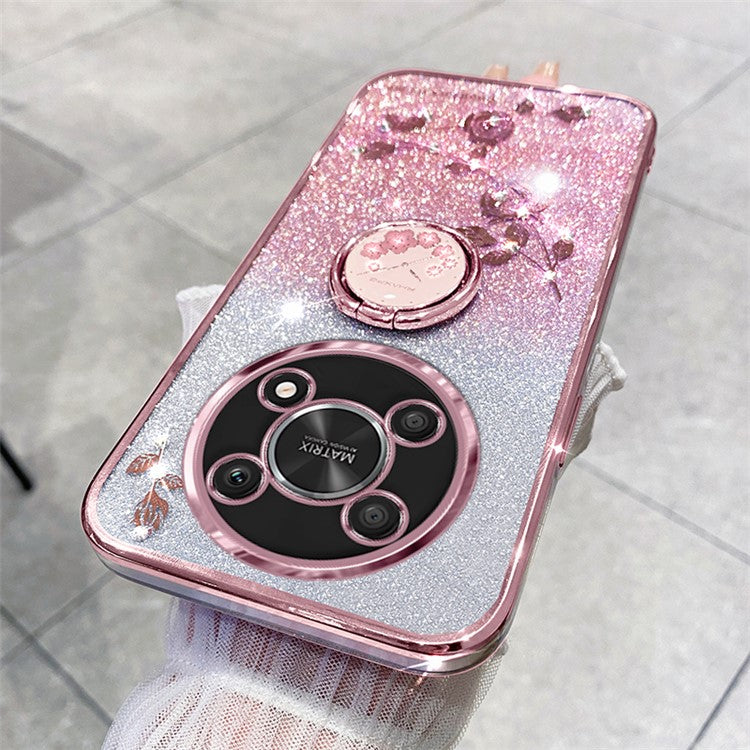 KADEM For Honor X30 5G Flower Decor TPU Cover Ring Kickstand Shell Glitter Anti-scratch Phone Case - Rose Gold