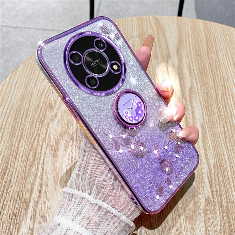 KADEM For Honor X30 5G Flower Decor TPU Cover Ring Kickstand Shell Glitter Anti-scratch Phone Case - Purple